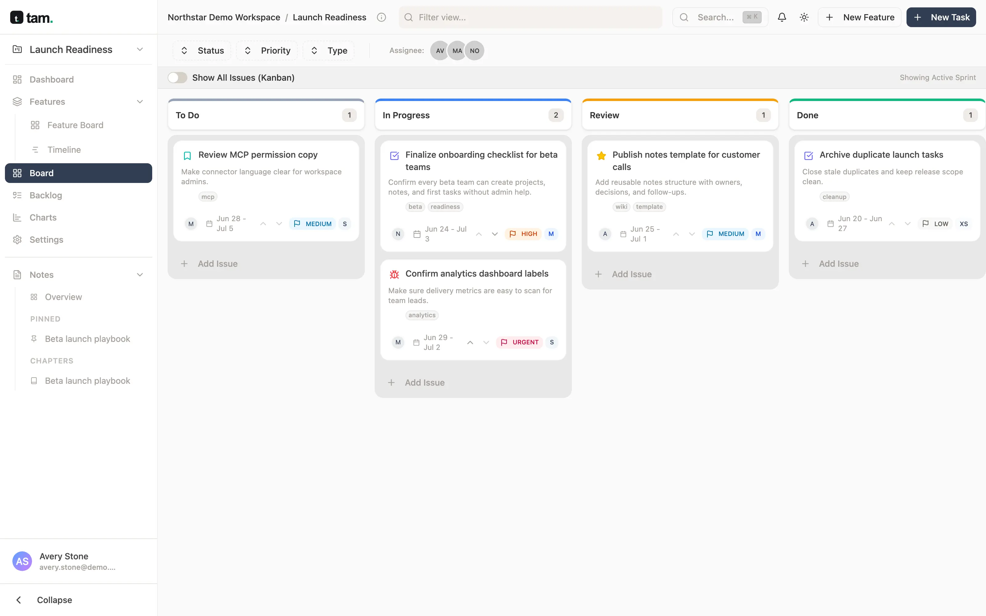 tam board: a Launch Readiness sprint with To Do, In Progress, Review and Done columns