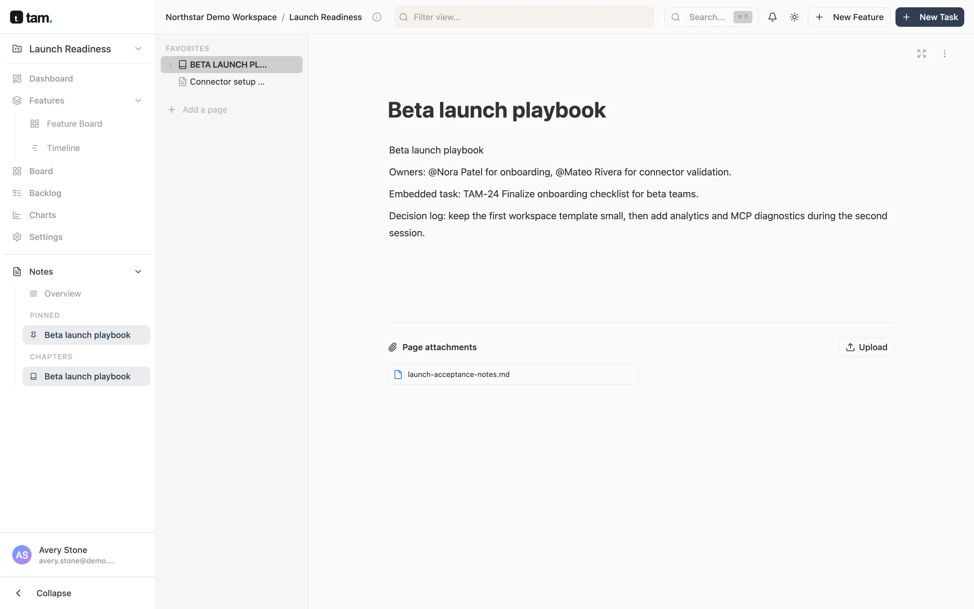 tam notes: a beta launch playbook page with owners, an embedded task and a decision log