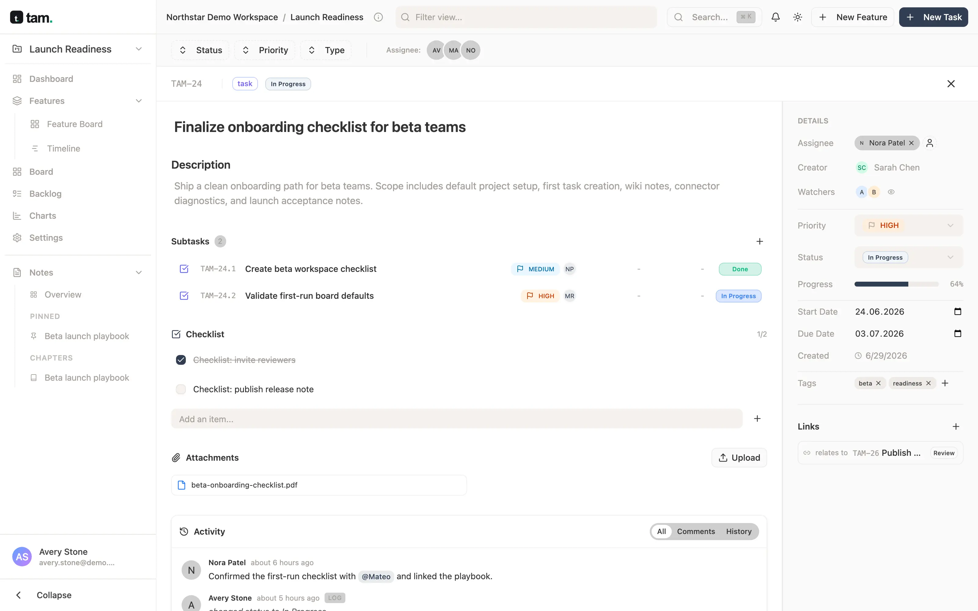 tam task detail with subtasks, checklist, attachments and activity history