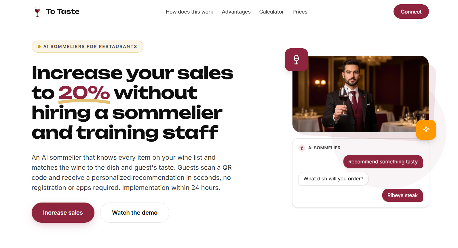 To Taste landing page: AI sommeliers for restaurants that match wine to the dish and the guest’s taste